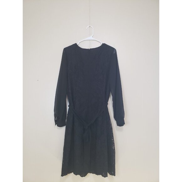 Talbots Womens Petites 14P Mini Dress Black Lace Belted Sheer Sleeve Whimsigoth - Picture 2 of 6